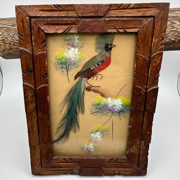 Vintage Other - Vibrant Vintage Mexican Folk Art Feather Craft Blue Bird Picture Carved Frame